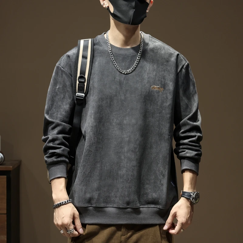 纯色复古卫衣男潮流百搭秋季新款休闲宽松圆领长袖T恤潮百搭大码