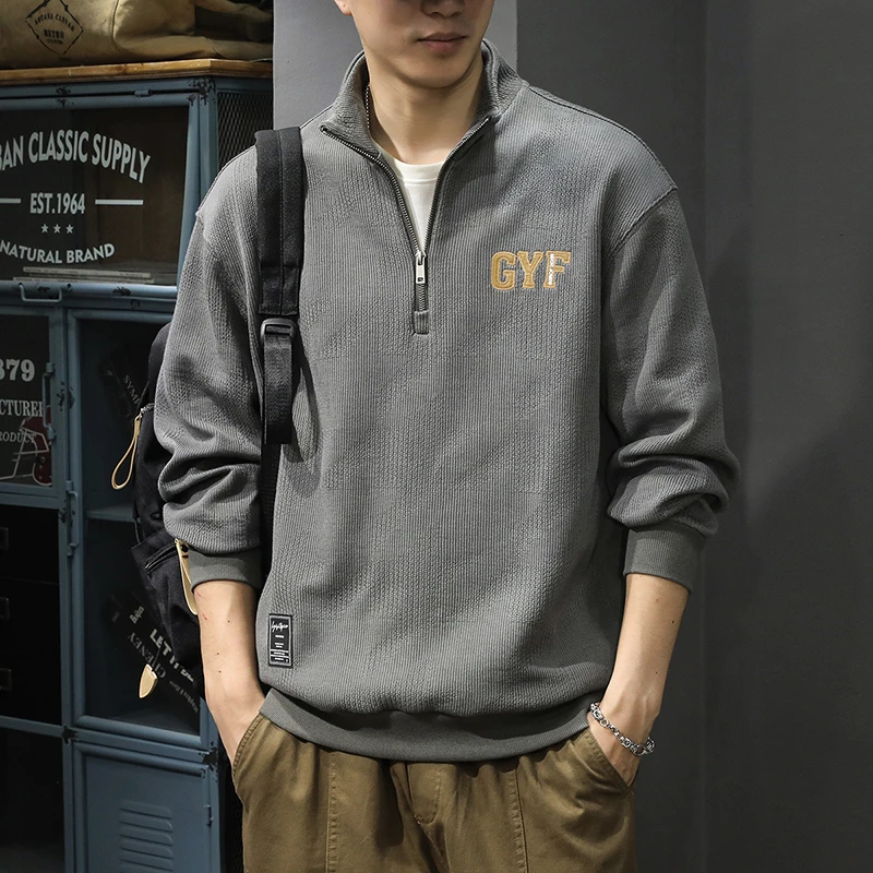 春季潮牌百搭复古半拉链针织卫衣男宽松大码美式休闲套头立领外套
