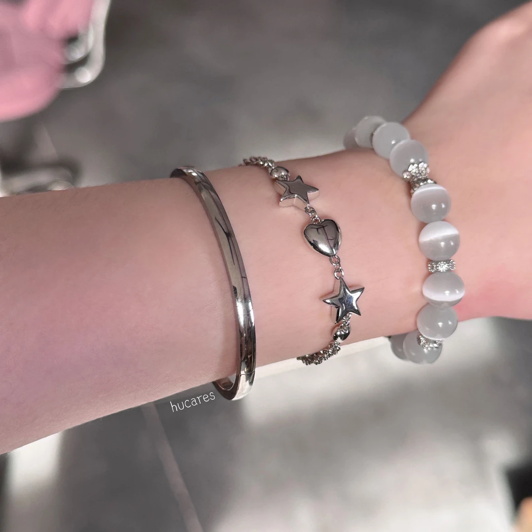 钛钢手链 hucares「素素美女」原创不掉色银色手环钛钢素圈简约