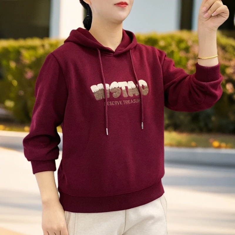 秋冬新款连长袖时尚百搭卫衣女字母刺绣加绒加厚宽松显瘦休闲上衣