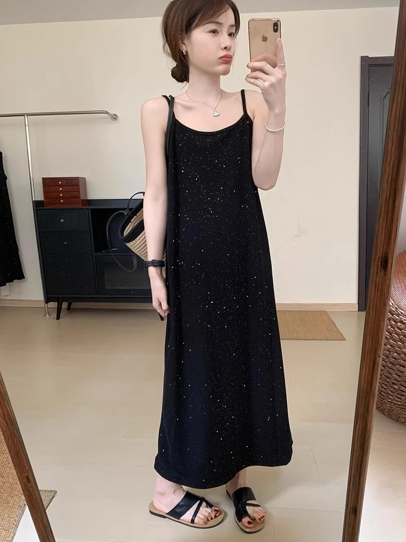 2高克重闪闪吊带裙撒银纯欲风夏洋气百搭显瘦遮肉法式睡裙连衣裙