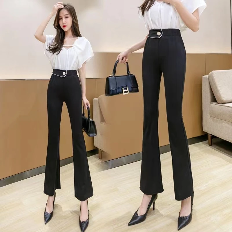 喇叭裤女高腰2025春夏新款显瘦黑色松紧腰直筒大码微喇裤休闲裤