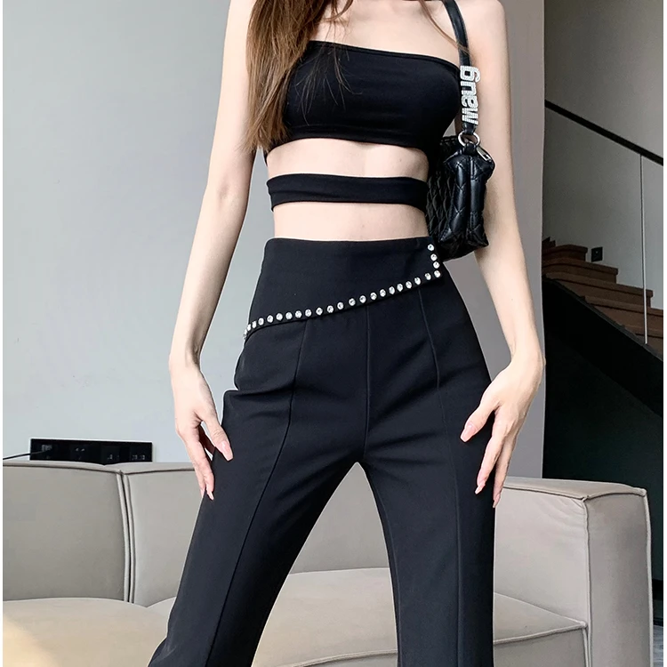 阿芝专属88319带钻喇叭裤春秋高腰显瘦垂感黑色开叉微喇裤女