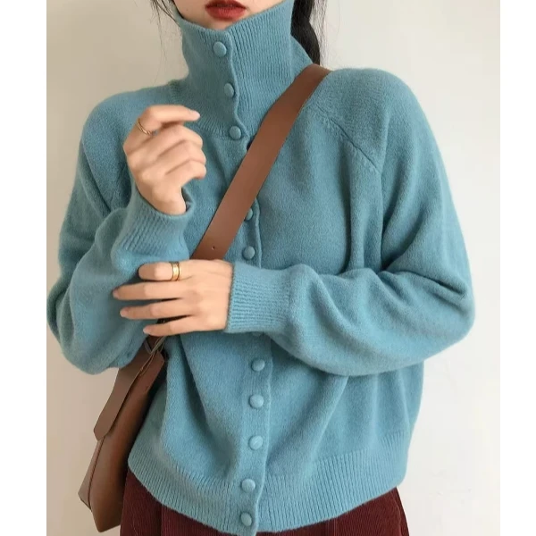 （9957）高领针织开衫女2024秋冬新款复古韩系慵懒风高级感宽松外套