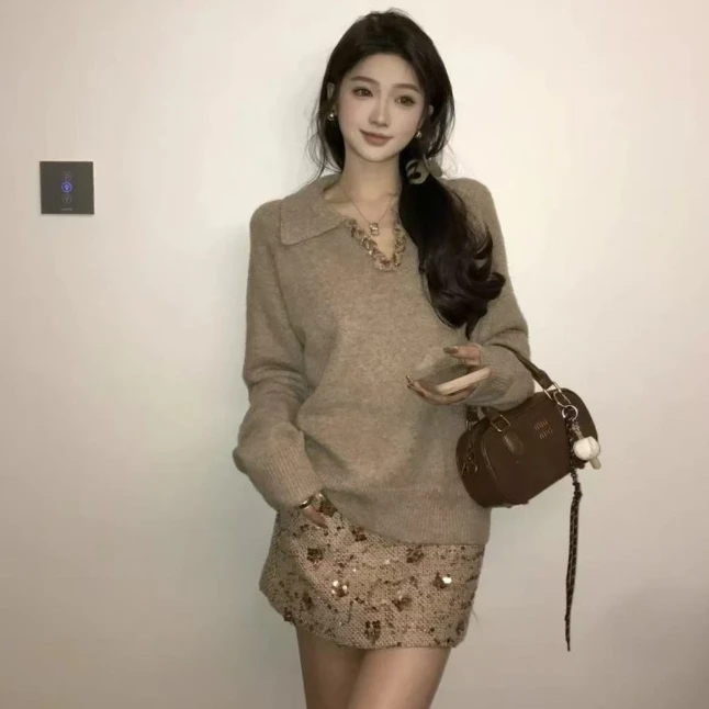 （9967）大码女装欧货复古时尚翻领高级感针织衫秋冬穿搭新款毛衣女