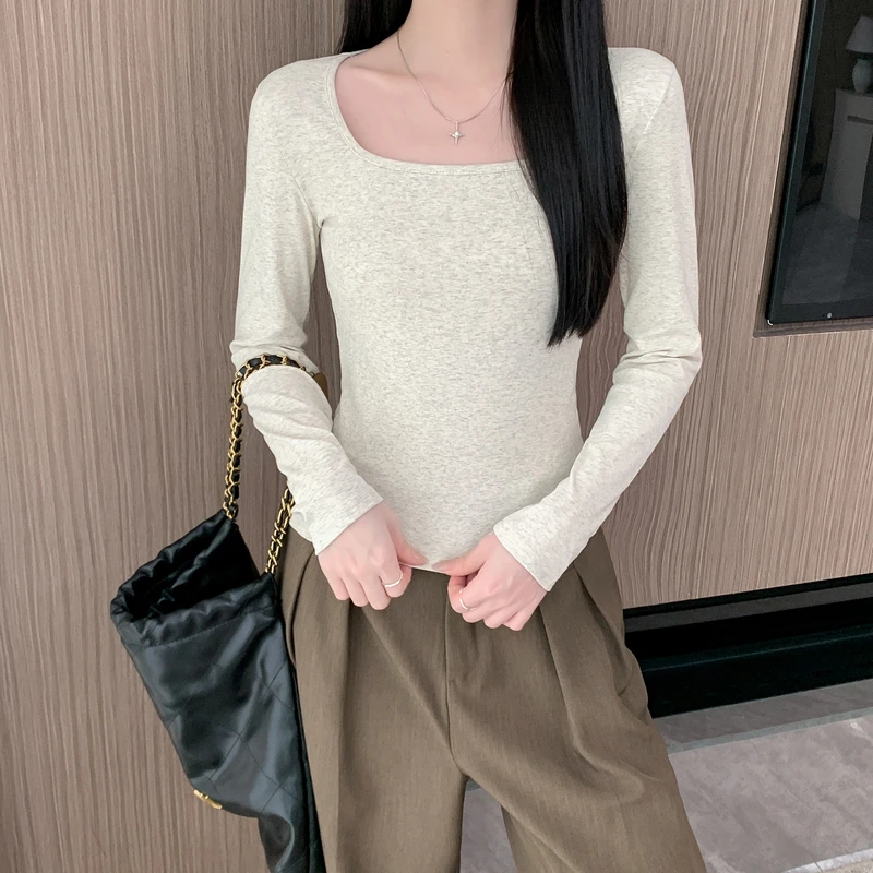 年谜大方领t恤女长袖有弹秋2024修身显瘦内搭纯色上衣打底衫体恤