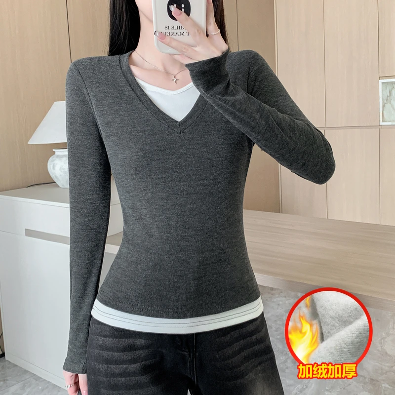 假两件V领t恤女加绒长袖秋冬2024显瘦内搭百搭撞色上衣打底衫