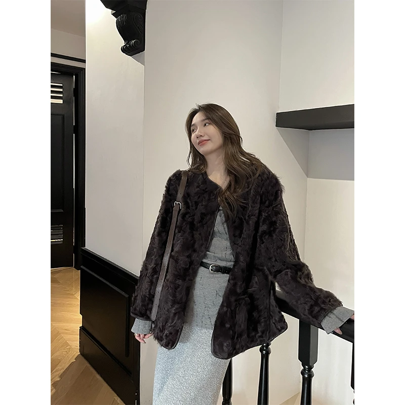 大大西嵿奢两面穿小湖羊皮毛一体女外套中长款胎羊皮草简约2024新