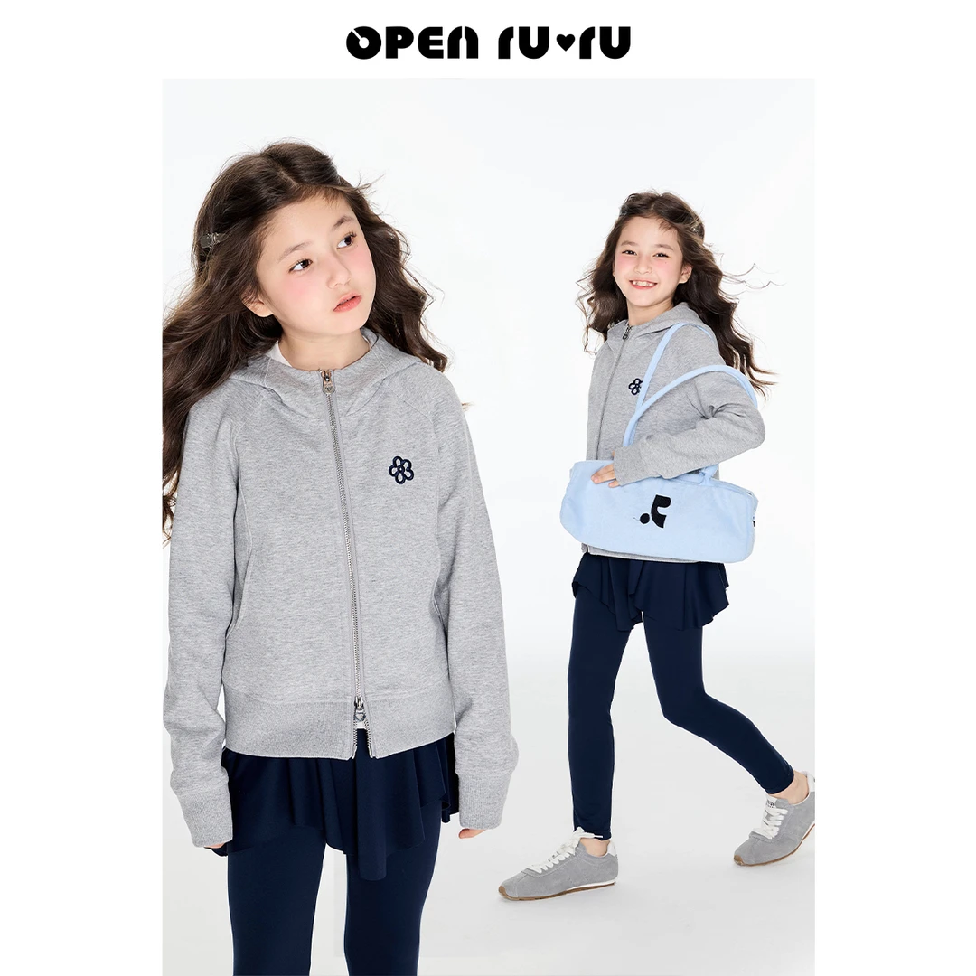 Opennunu女童小花刺绣连帽卫衣秋季新款儿童休闲拉链开衫百搭外套