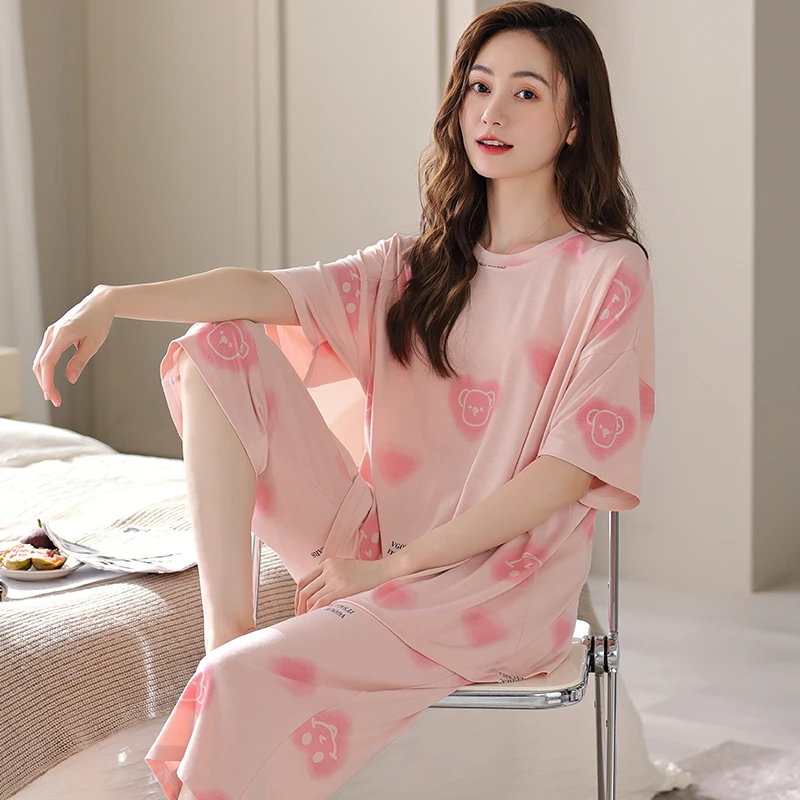 女士莫代尔夏季薄款加肥特大码200斤睡衣显瘦220斤短袖七分裤套装