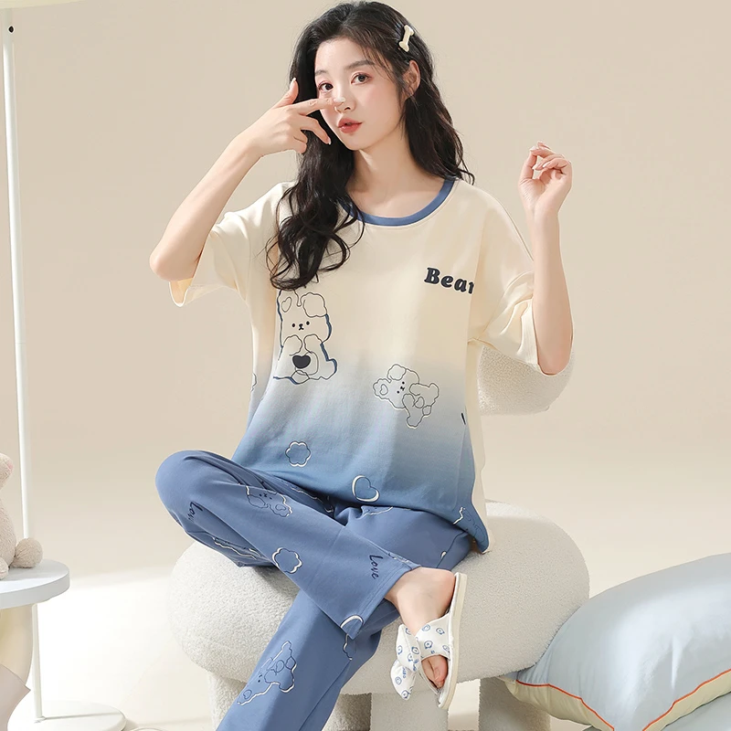 短袖长裤睡衣女夏纯棉加肥加大200斤220斤240斤胖MM家居服套装6XL