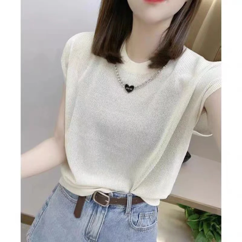 双曲条纹坎肩冰丝针织衫夏季欧货气质时尚休闲百搭拼色套头圆领T
