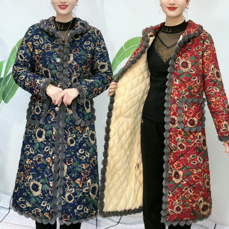 冬季加绒加厚棉衣长款秋冬宽松大码棉服中老年女款时尚保暖棉袄