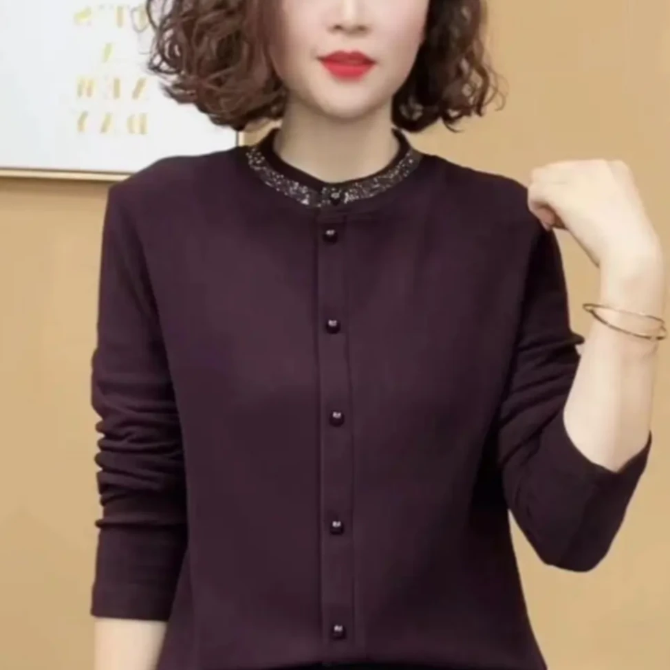 2024新款时尚秋冬款洋气百搭领子烫钻长袖减龄打底衫上衣春秋显瘦