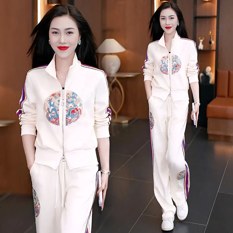 高含棉新中式国风休闲套装女2025年春秋季新款复古刺绣开衫两件套