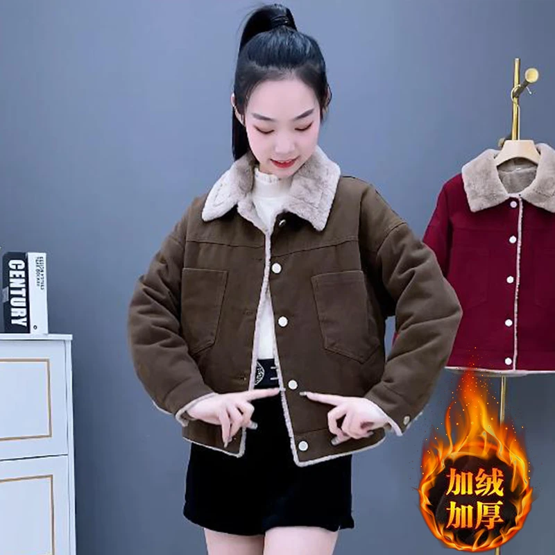 加绒加厚时尚洋气百搭外套女冬季2024年新款宽松大码棉服短款上衣