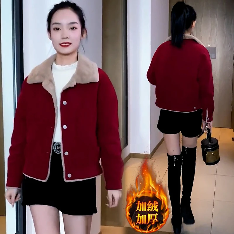 加绒加厚时尚洋气格子外套女冬季2024年新款百搭大码棉服短款上衣