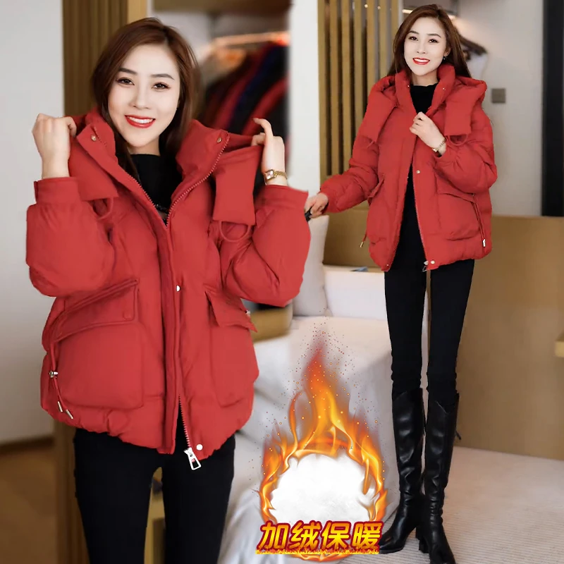 短款气质棉服外套女2024冬季新款时尚洋气小个子连帽加厚棉衣棉袄