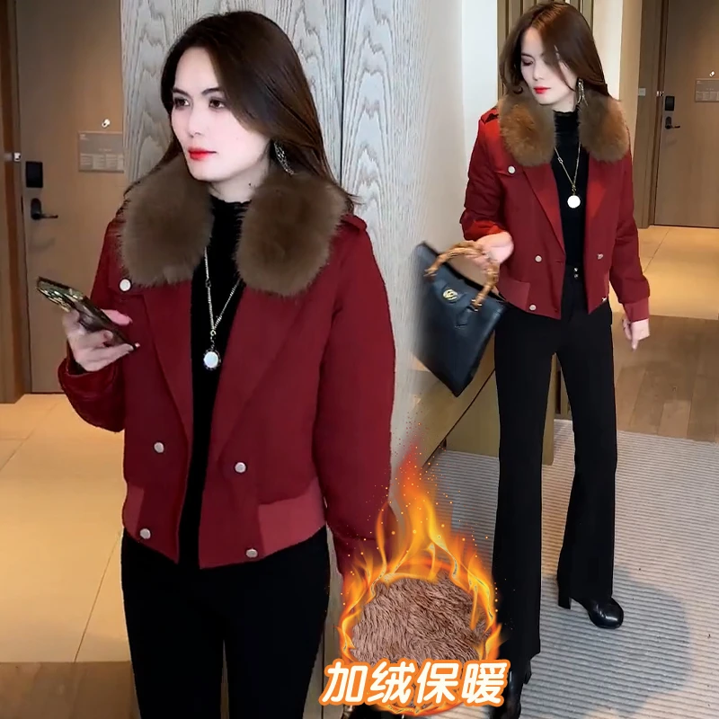 小个子西装领短款外套女2024秋冬季时尚宽松显瘦洋气加绒加厚棉衣