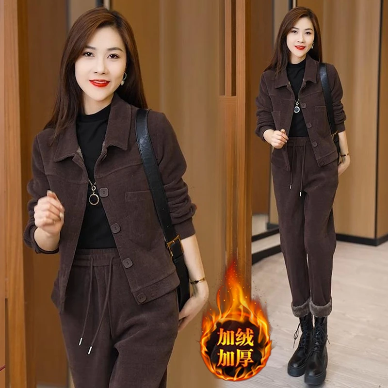 加绒加厚休闲套装女2024冬季新款时尚洋气单排扣外套阔腿裤两件套