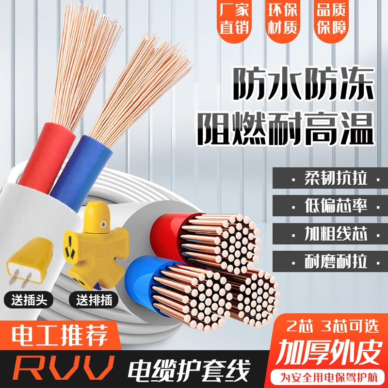 国标家用白色护套电缆线柔软阻燃绝缘电线电车充电2芯电源延长线