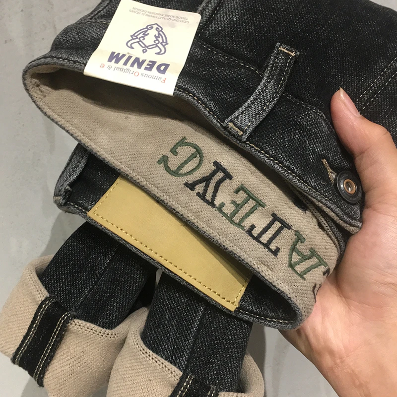 465-冬季薄绒黑灰色牛仔长裤男潮牌韩版修身刺绣小直筒裤潮流弹力