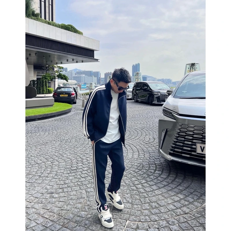 【格纹藏蓝套装】春秋复古蓝白休闲时尚运动套装外套裤子男士百搭潮