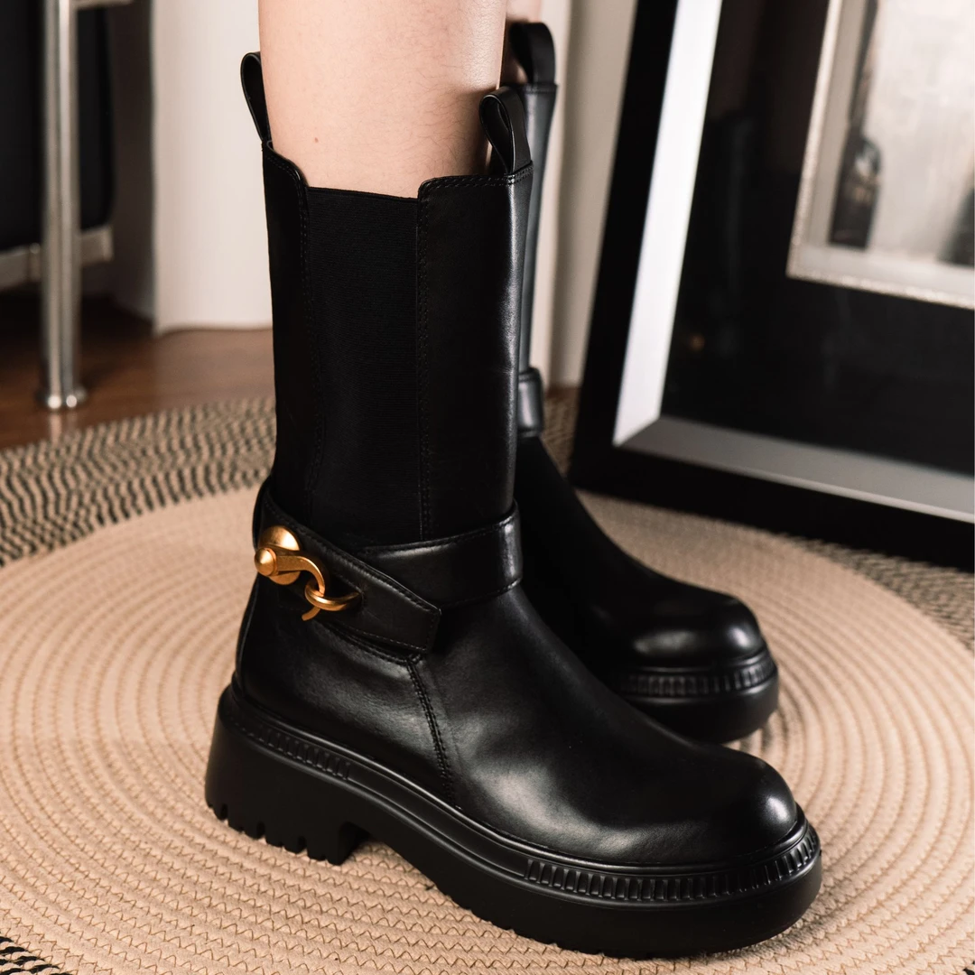 新款厚底靴子英伦风增高中筒真皮骑士短靴冬季加绒百搭秋冬日常