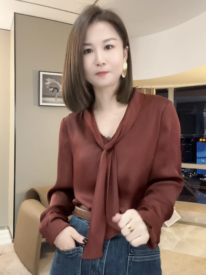 YJ【落雁】秋季新款慵懒简约时尚飘带缎面显瘦气质衬衣