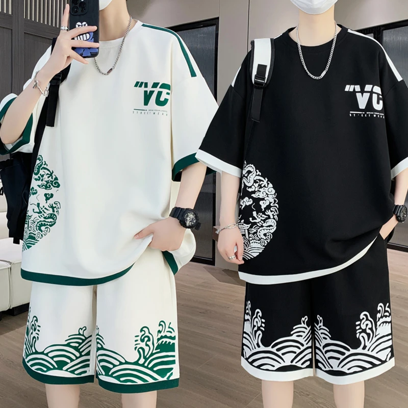 国风休闲套装男士夏季时尚宽松t恤学生短袖短裤国潮牌薄款两件套