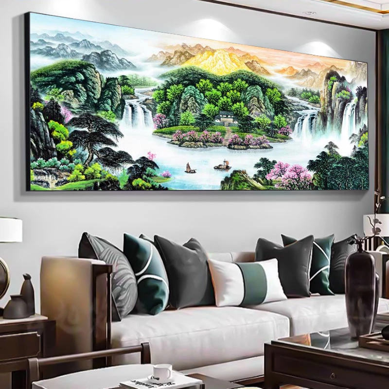 【背靠金山】客厅装饰画大气聚宝盆山水风景画晶瓷画客厅背景墙挂画