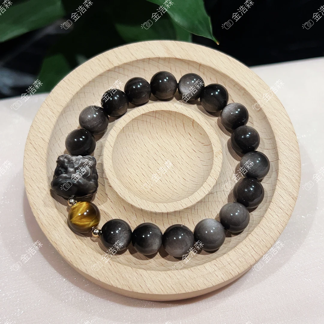 天然银曜石醒狮×虎眼石10m设计款手链 礼盒装