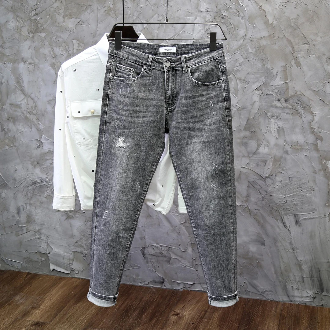 烟灰色牛仔裤男秋季新款破洞修身小脚弹力百搭美式休闲高街九分裤