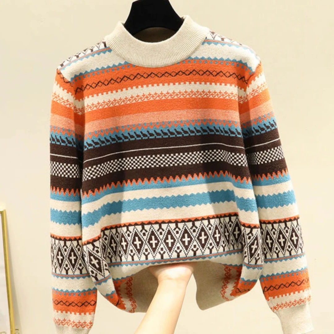 2024秋冬慵懒宽松复古民族风间色拼色打底针织衫设计感宽松毛衣女