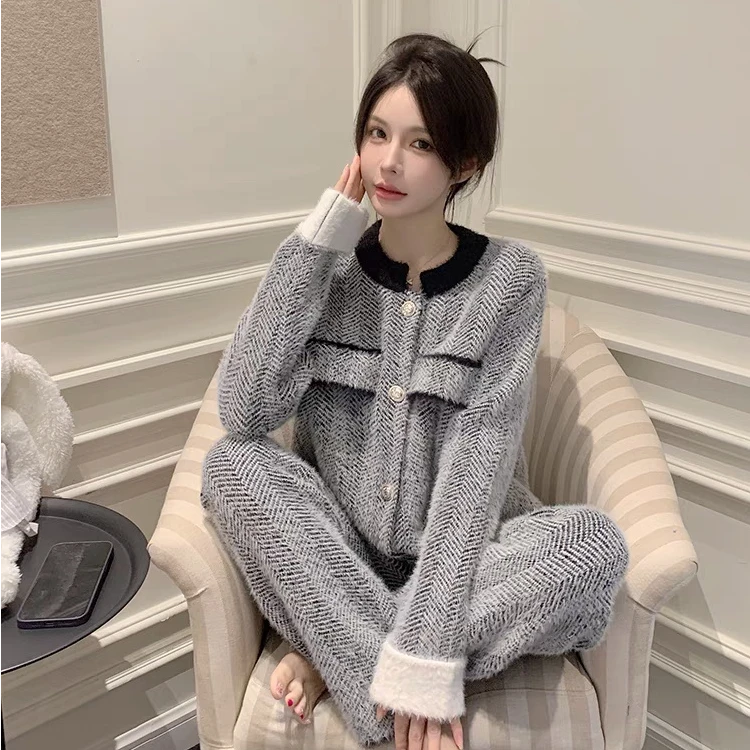 【奢香夫人】秋冬季新款洋气睡衣黑白小香风仿水貂绒睡衣套装可外穿