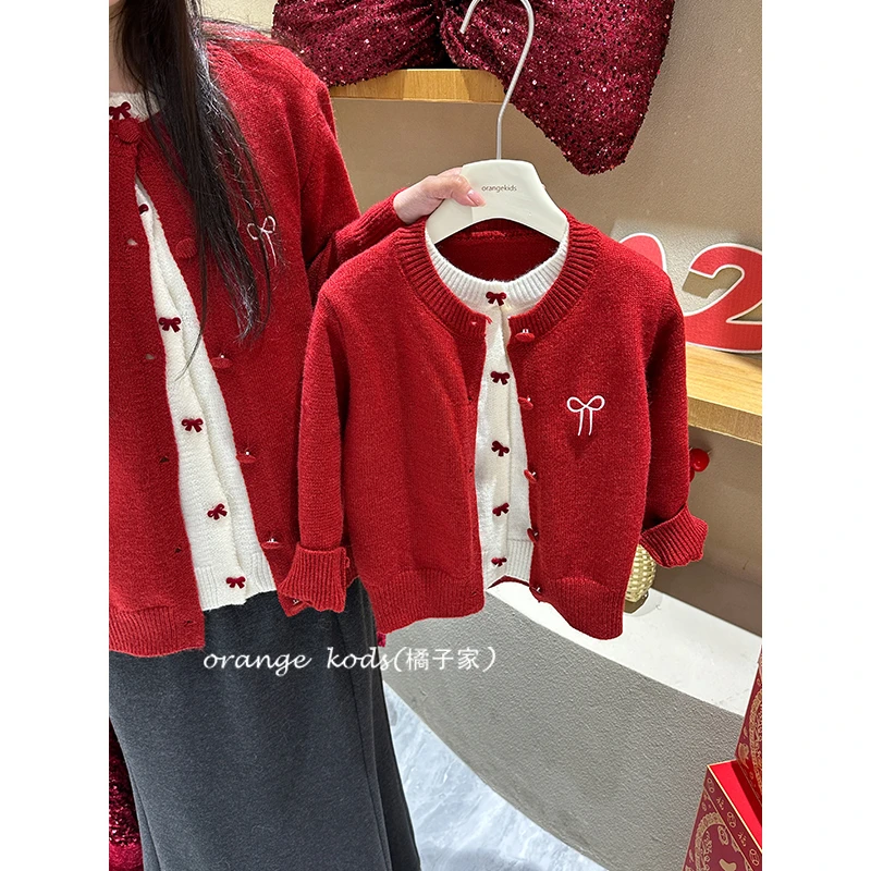 新年亲子装红色假两件开衫白蝴蝶结针织衫HS-2112