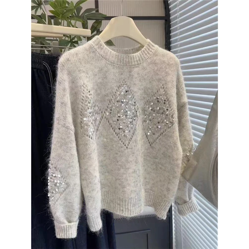 【ANUO】秋冬毛感百搭设计感新款宽松外穿套头洋气女长袖针织衫