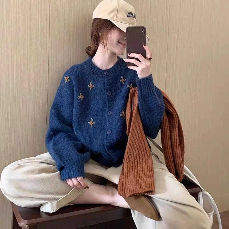 【ANUO十月】毛衣女秋冬百搭设计感新款宽松外穿外套洋气长袖针织衫