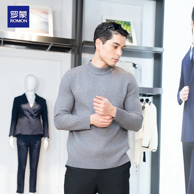 【羊毛打底】罗蒙Romon半高领男士秋冬新款加厚针织衫打底长袖休闲