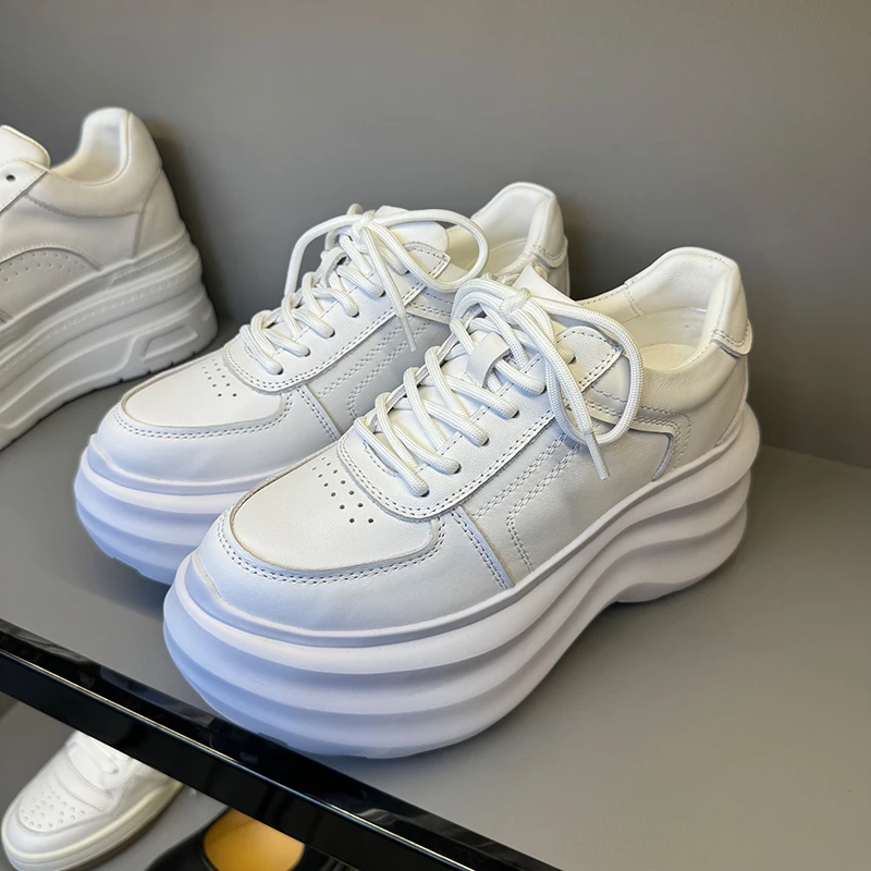 欧货小白鞋女2024春季圆头系带松糕厚底小个子增高8cm运动休闲鞋