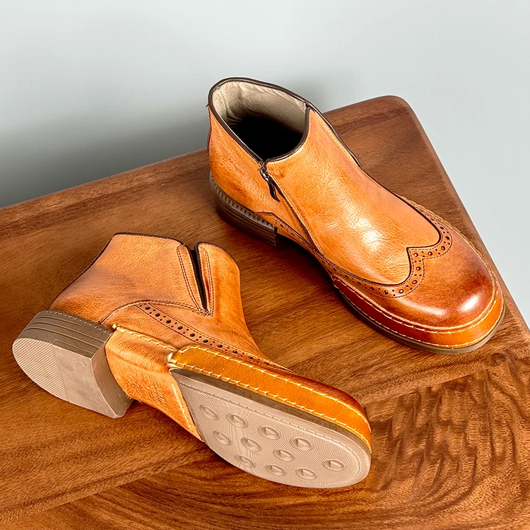 复古棕黄色切尔西靴男头层牛皮美式工装风厚底短靴男秋季透气单靴