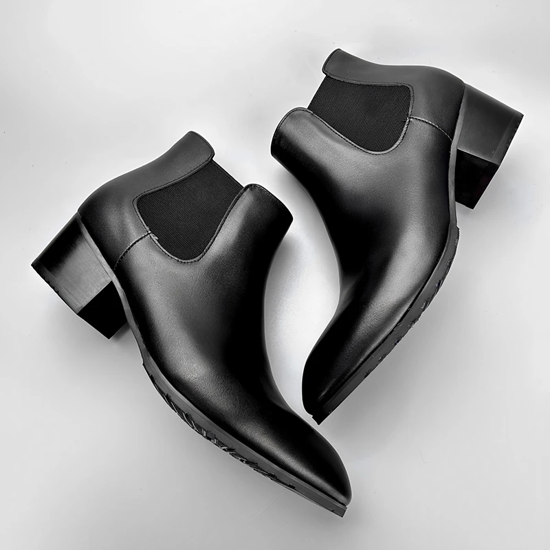 简约英伦风头层牛皮男士短靴冬季加绒切尔西靴男款一脚蹬高跟靴子