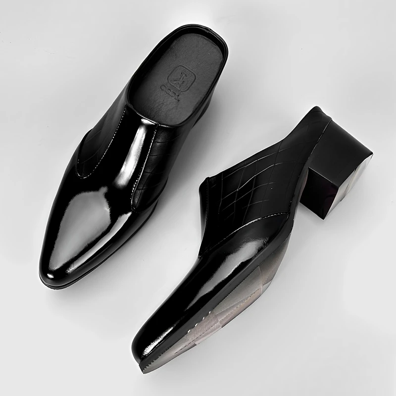 2025新款纯牛皮包头拖鞋男夏季外穿尖头半拖皮鞋男透气亮皮穆勒鞋