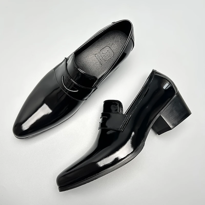 原创设计感高跟乐福鞋男士5cm增高鞋真皮亮面一脚蹬休闲男皮鞋潮