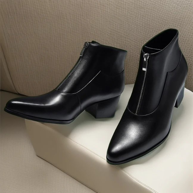 欧美男士高跟靴子尖头拉链发型师皮鞋增高时尚白色皮靴男真皮短靴