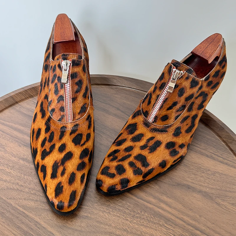 欧美马毛皮男士高跟皮鞋增高6cm走秀舞台演出鞋时尚豹纹尖头男鞋