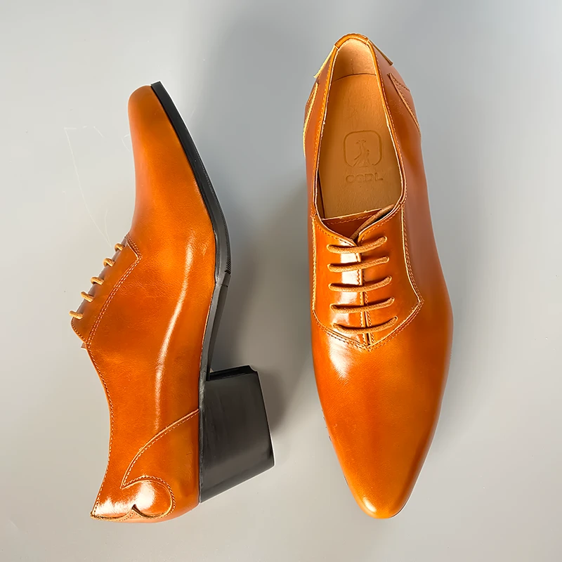 2025夏季新款棕色皮鞋男高跟设计感正装尖头牛津鞋增高皮鞋男真皮