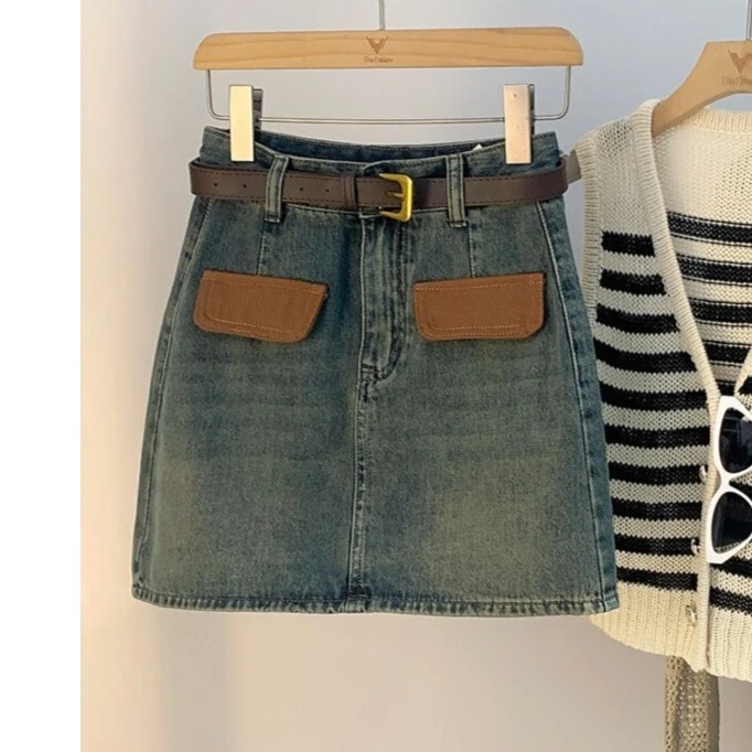 半身裙口袋高腰短裙牛仔百搭拼接时尚显瘦设计感韩版复古A字