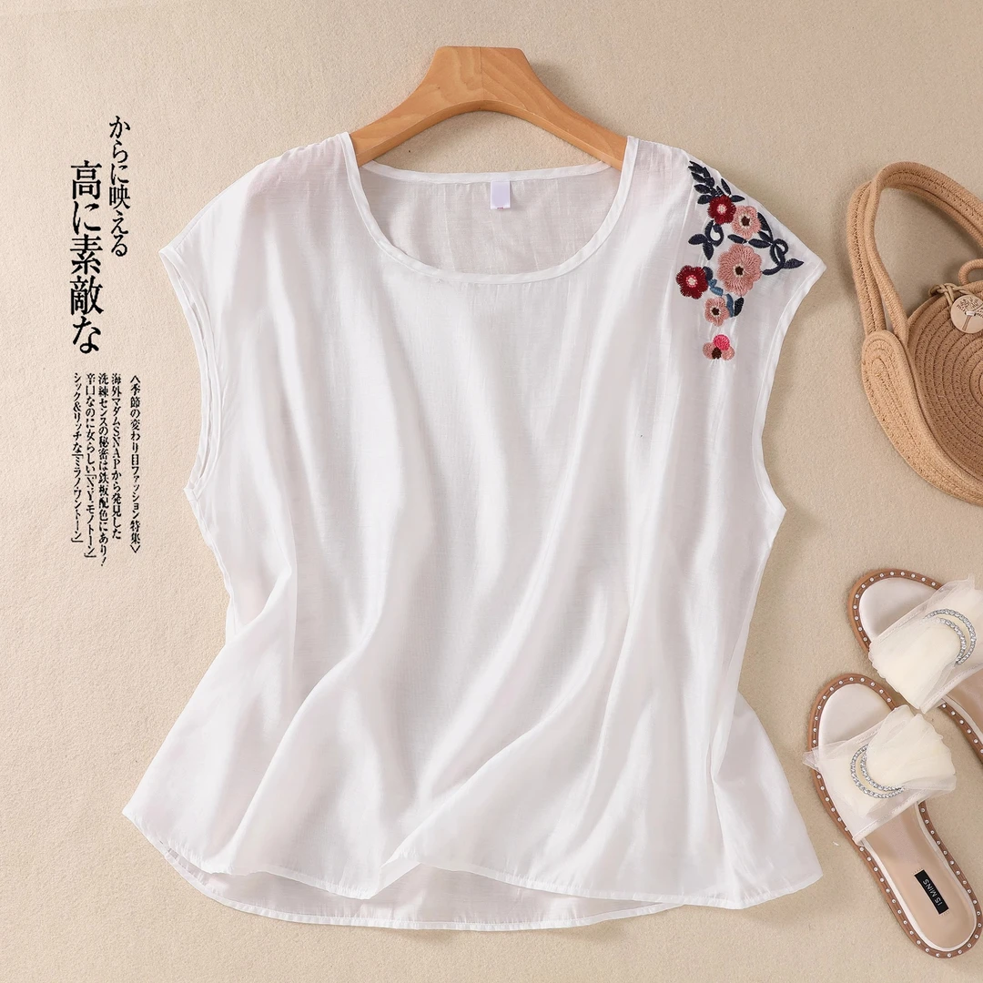 中老年妈妈装文艺复古刺绣背心纯色棉麻夏季宽松百搭无袖薄款上衣