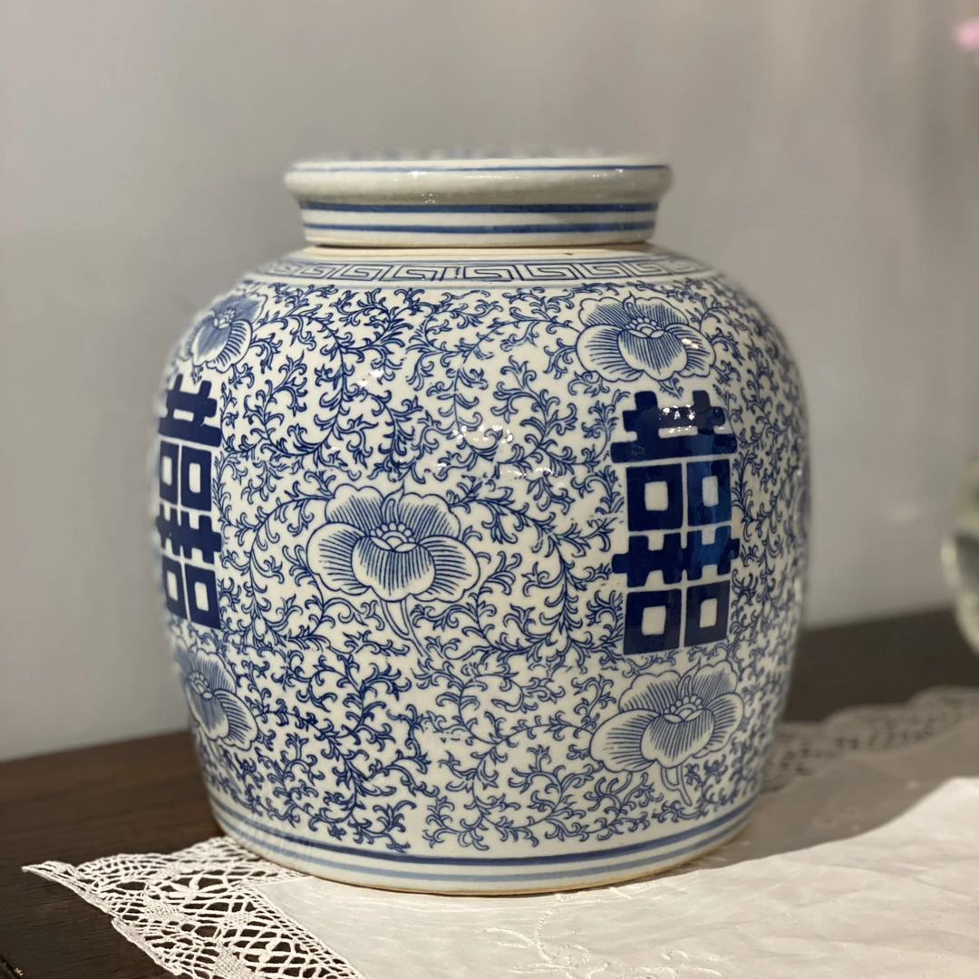 经典喜字罐手工拉胚釉下彩青花瓷罐花瓶